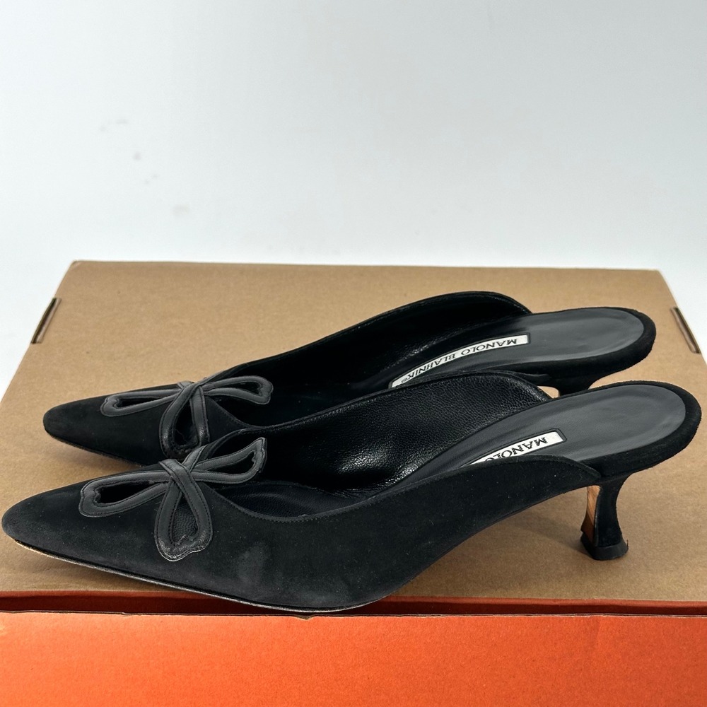 Y2K Manolo Blahnik Black Suede Leather Pointed Low Kitten Mule 2" Heel EU 37 - Picture 4 of 9